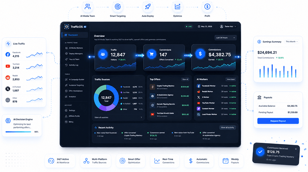 TrafficOS AI dashboard screenshot showing a 24-hour overview: 12,847 visitors, 147 conversions, and $4,382.75 in commissions, with a Traffic Sources donut chart (Facebook, YouTube, Reddit, X, Other), a Top Offers list led by Crypto Trading Mastery at $1,920, an AI Workers panel with per-platform workers marked Active, and an Earnings Summary of $24,694.21.